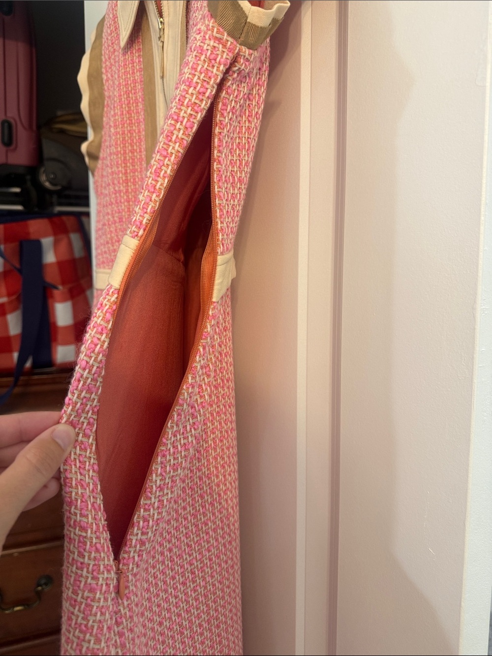 Anthropologie Maeve Pink/Rose Tweed Zip-Front Dress with Cream Trim - Picture 7 of 10